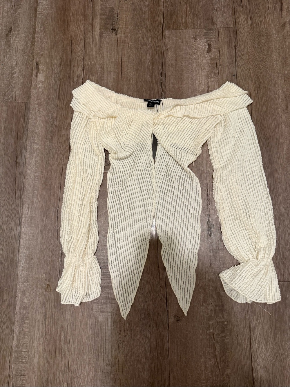 PrettyLittleThing Cream Off-Shoulder Ribbed Tie-Front Top